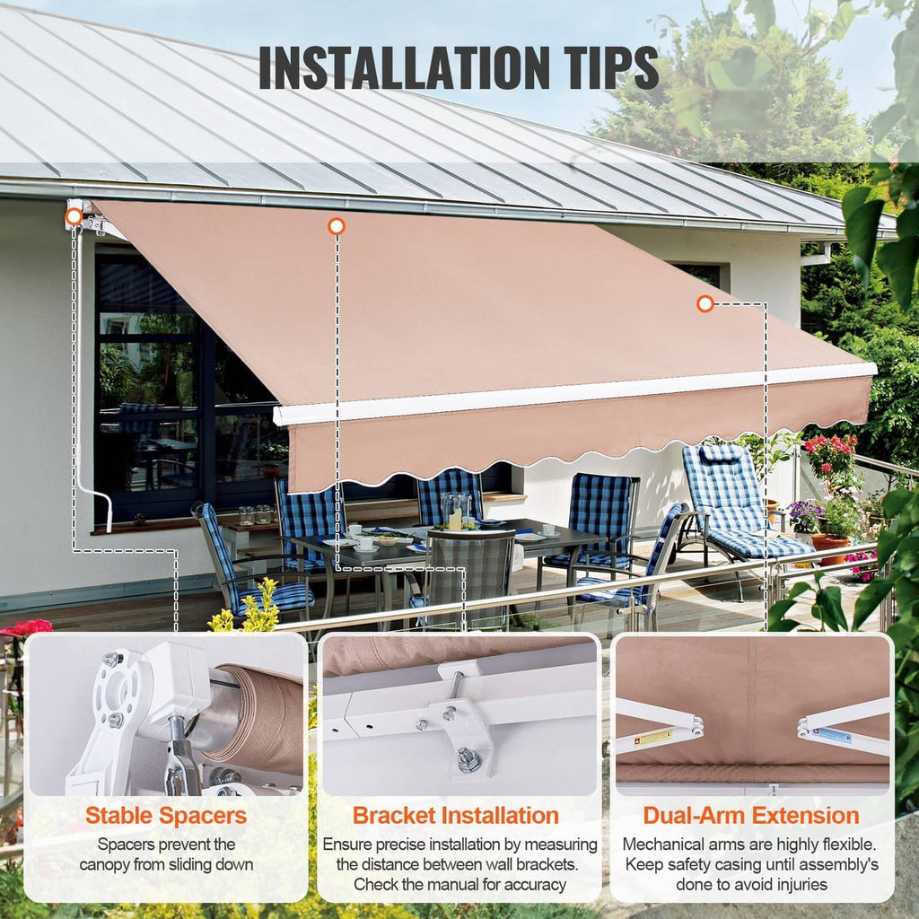 Retractable patio awning with tan canopy and scalloped valance, shown with installation hardware.