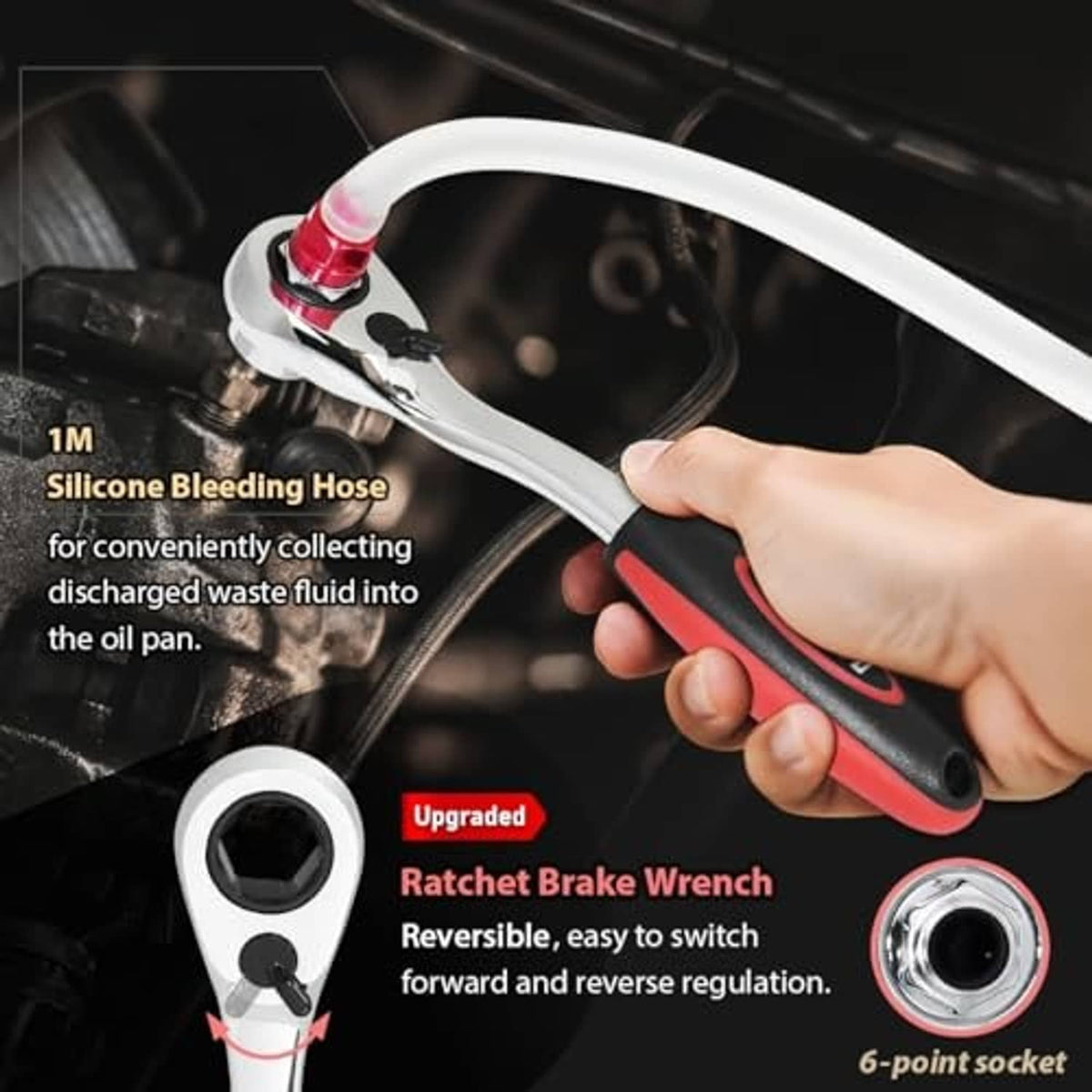 FIRSTINFO 1m silicone brake bleeder hose and reversible ratchet wrench with 6-point socket