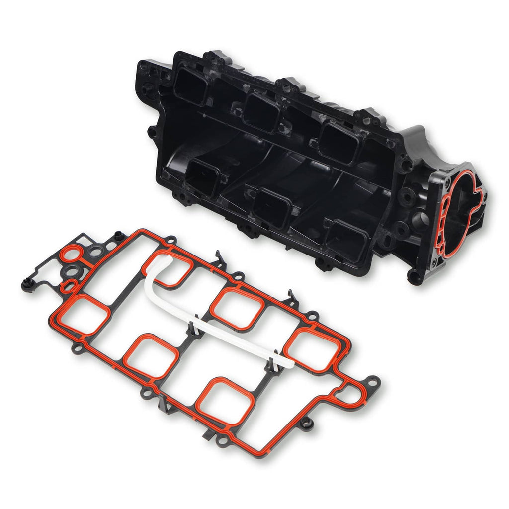 Black intake manifold cover and gasket set, showing red-outlined intake ports