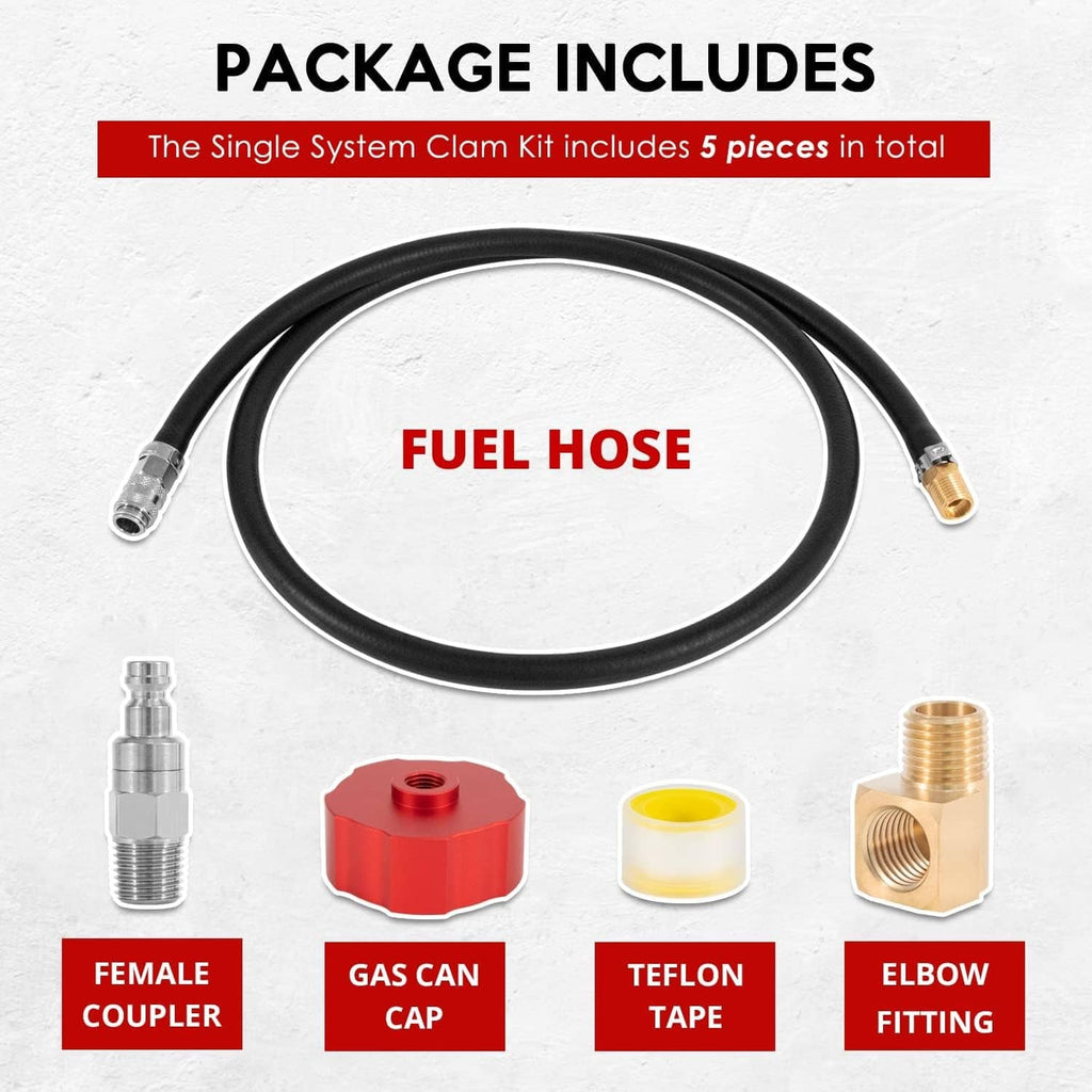 Fuel hose kit contents: black hose, female coupler, gas cap, teflon tape, elbow fitting