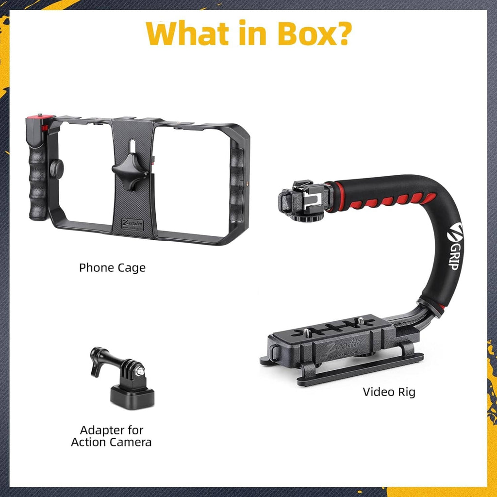 Black phone cage and video rig components with red grip, cold-shoe mount