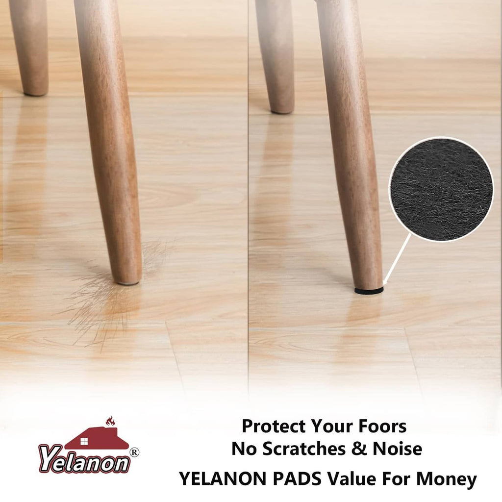 Black felt furniture pads on chair legs, protecting light wood flooring
