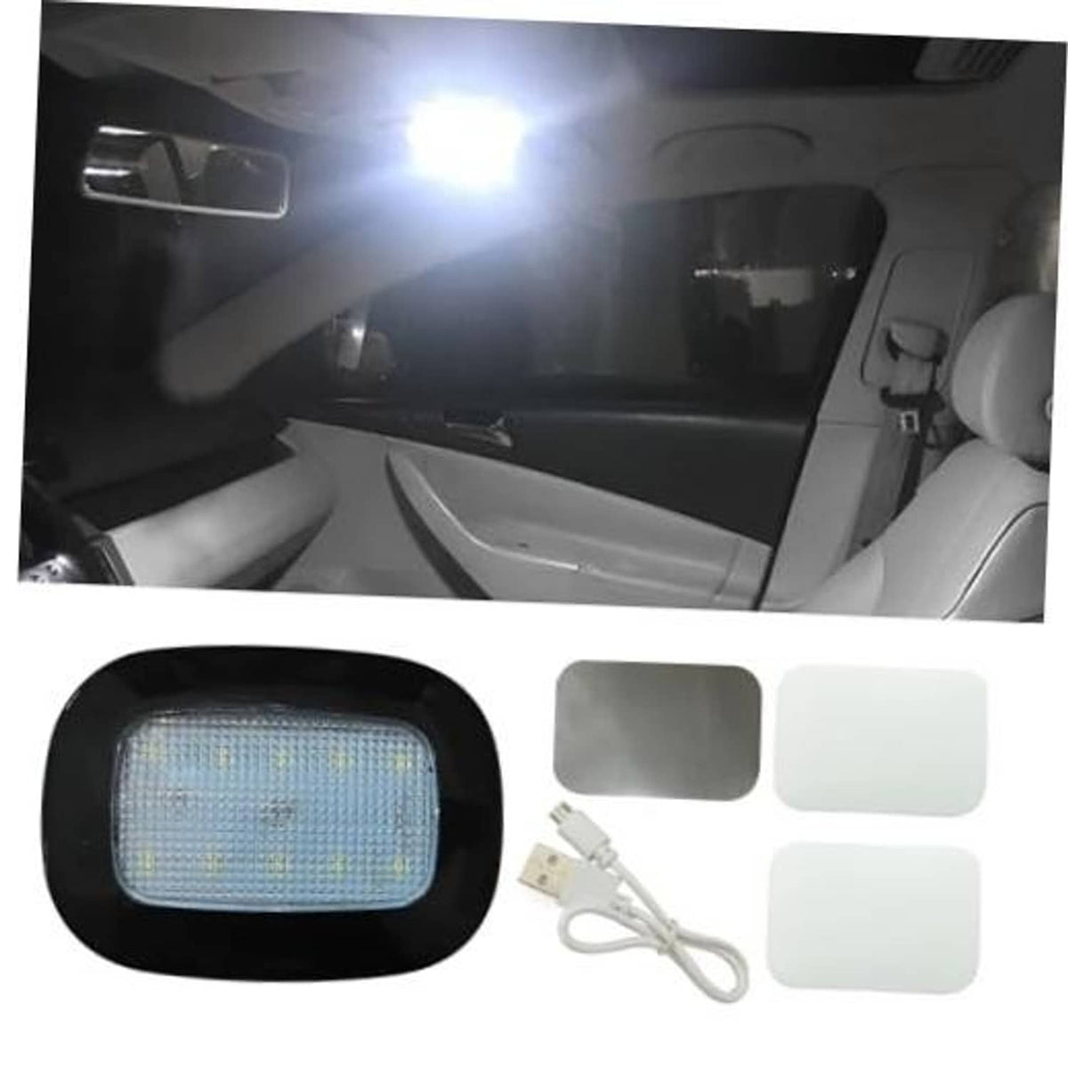 USB rechargeable car dome LED light unit, black housing with glowing rectangular panel
