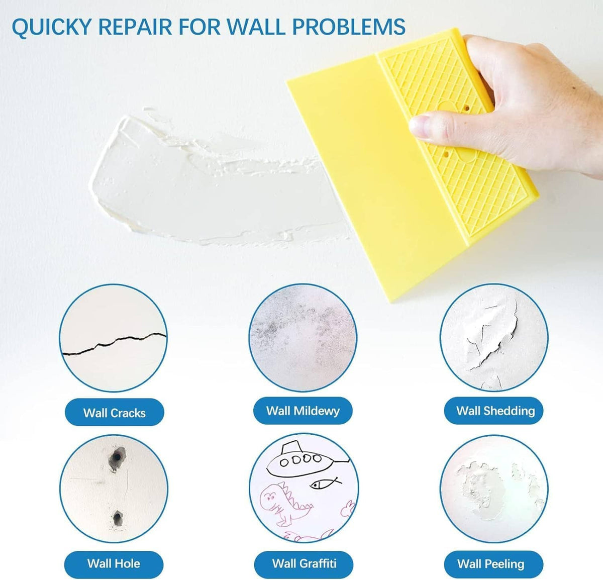 Yellow patch tool applying spackle to wall cracks, mildew, shedding, holes, graffiti, peeling