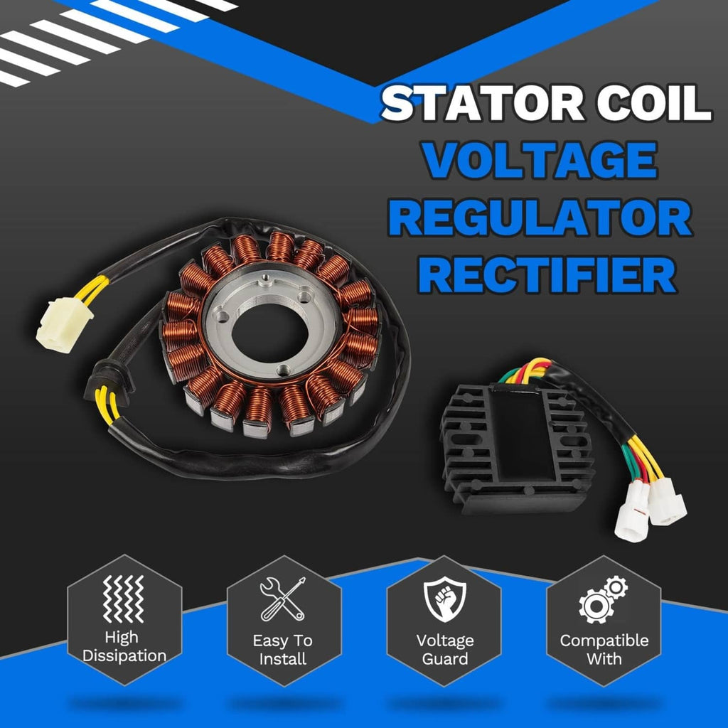 Stator coil unit with copper windings and black voltage regulator rectifier with wire connectors