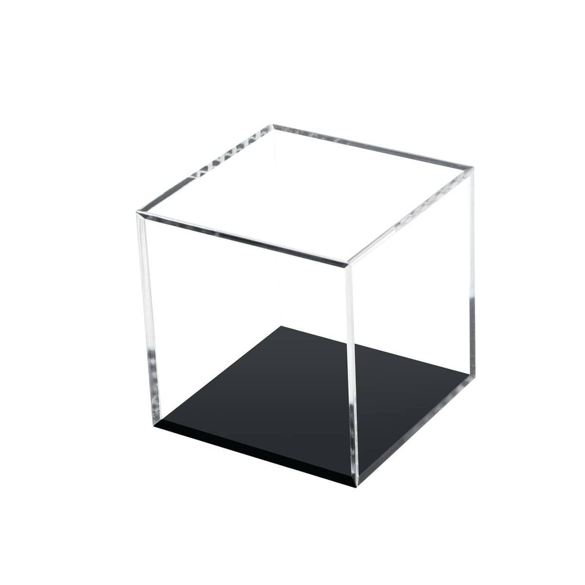 Clear acrylic display box with black base, open top for collectibles