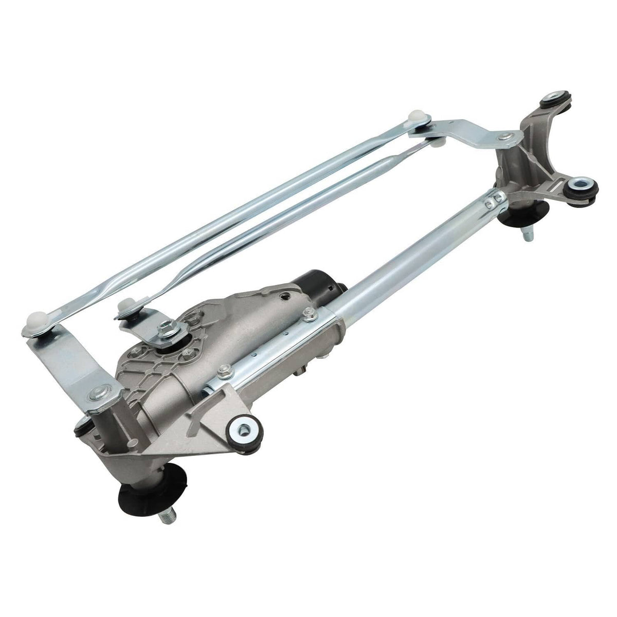 Windshield wiper linkage assembly with motor, gray housing with long metal connecting arms