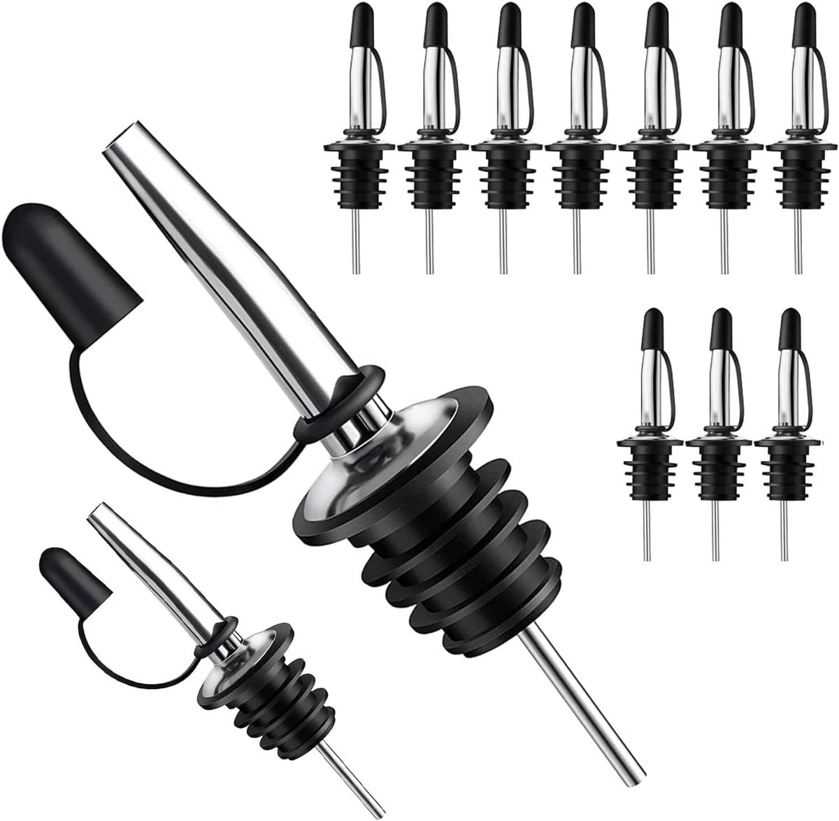 12-pack bottle pour spouts with black dust caps and polished metal tubes