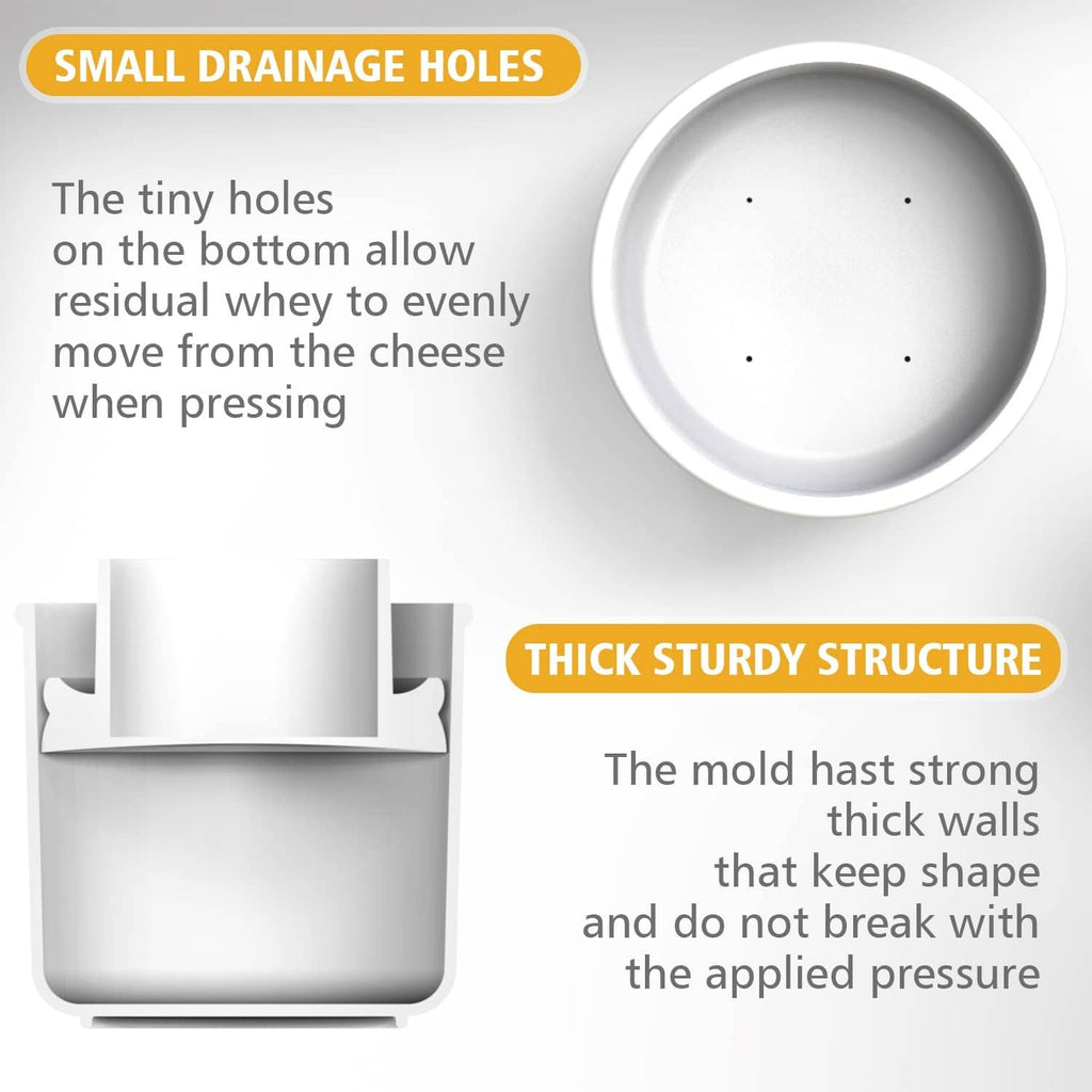 Round white cheese mold showing small drainage holes and thick sturdy structure
