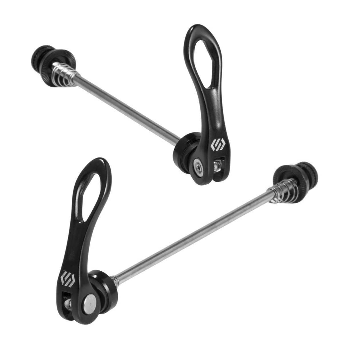 Black quick release skewer pair with wing-style levers and threaded shafts