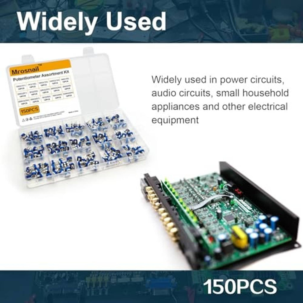 Potentiometer assortment kit and blue potentiometers beside an electronics circuit board