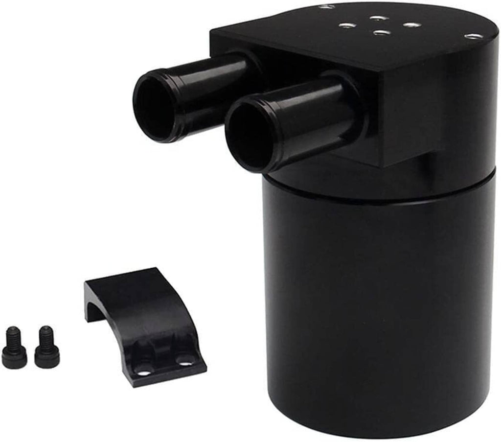 Black oil catch can with dual inlet tubes, black top plate, and mounting bracket with hardware