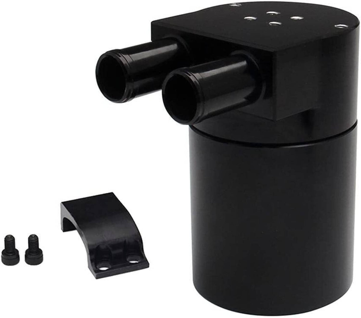 Black oil catch can with dual inlet tubes, black top plate, and mounting bracket with hardware