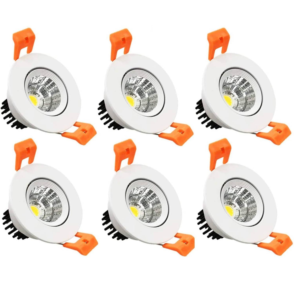 Set of recessed LED downlights with white housings and orange spring clips
