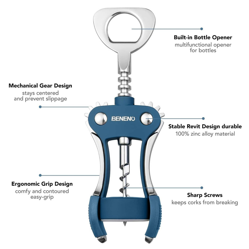 Blue wing corkscrew bottle opener with chrome mechanism and ergonomic grip, BENENO.