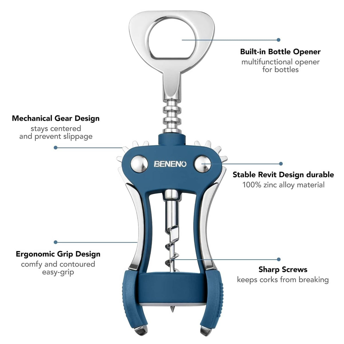 Blue wing corkscrew bottle opener with chrome mechanism and ergonomic grip, BENENO.