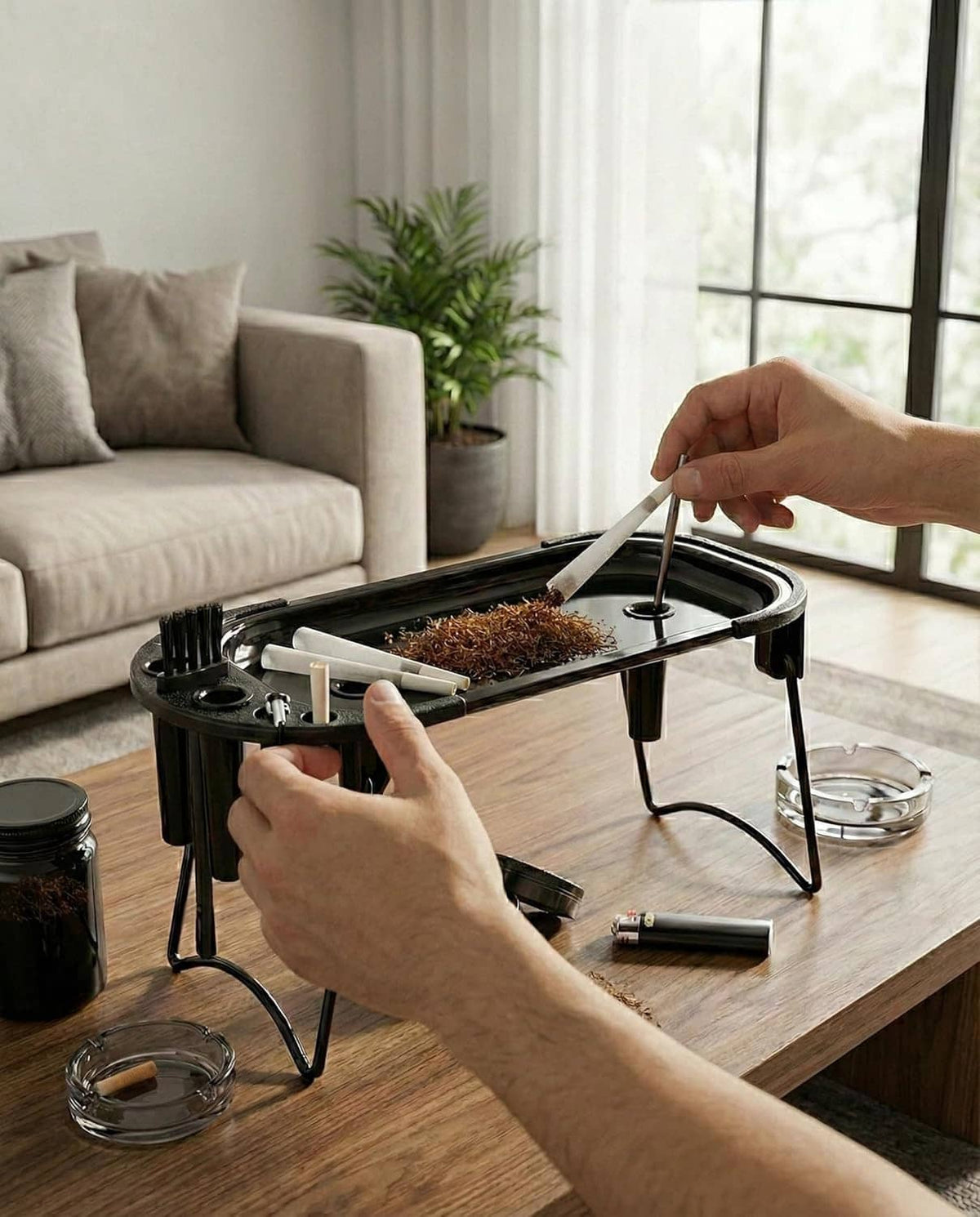 Rolling tray on table with hands using a roller tool