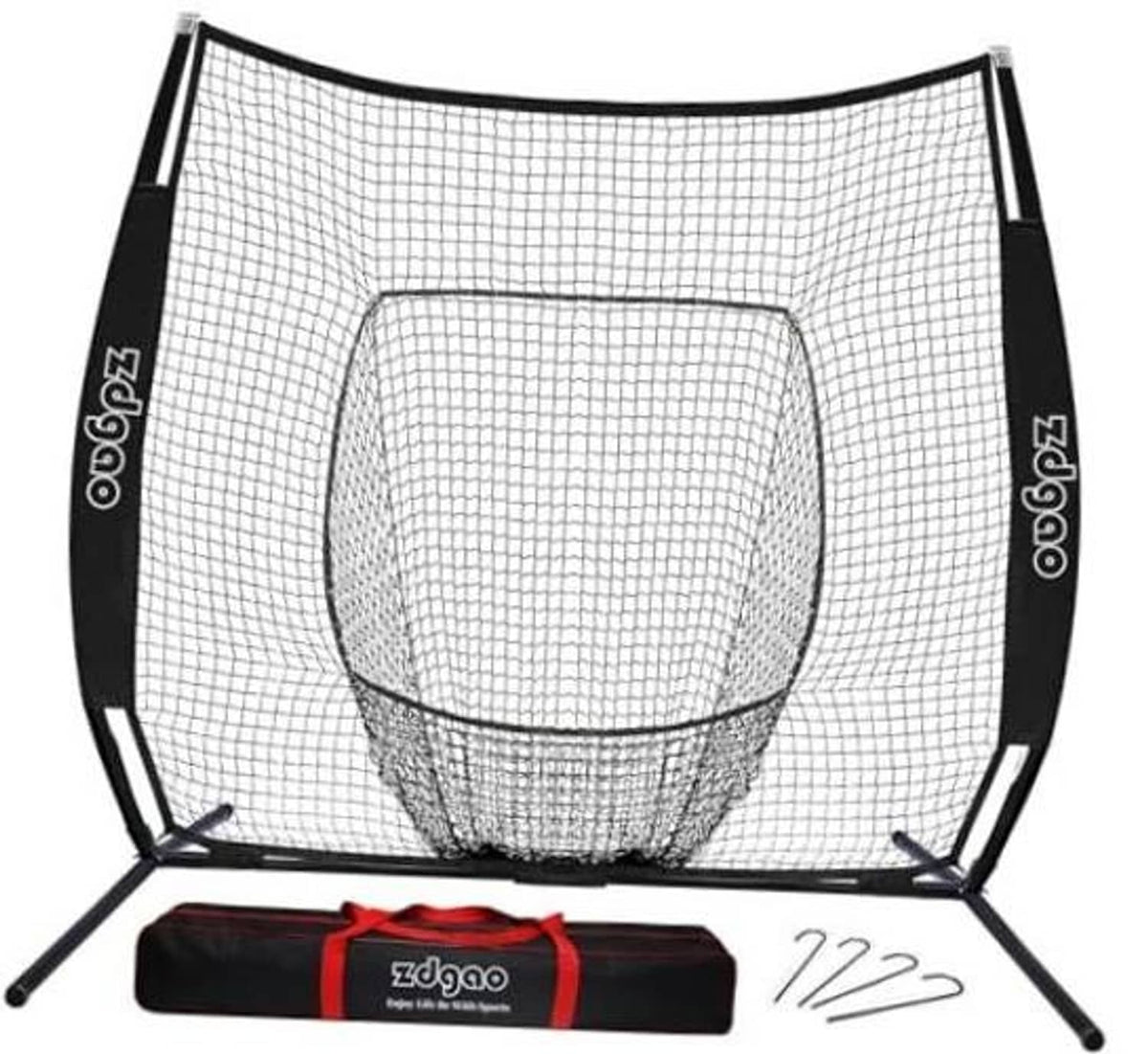 7x7 ft baseball practice net with black frame, white mesh and carry bag