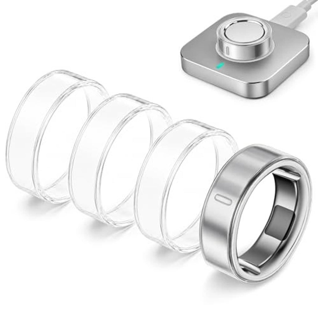 Set of four clear TPU ring covers with metal-colored frame, angled view