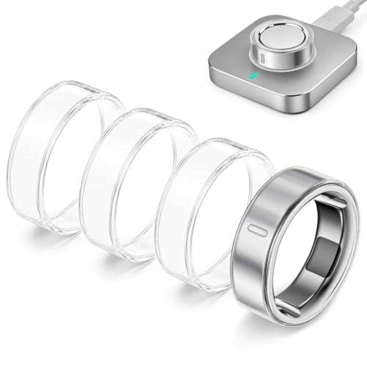 Set of four clear TPU ring covers with metal-colored frame, angled view