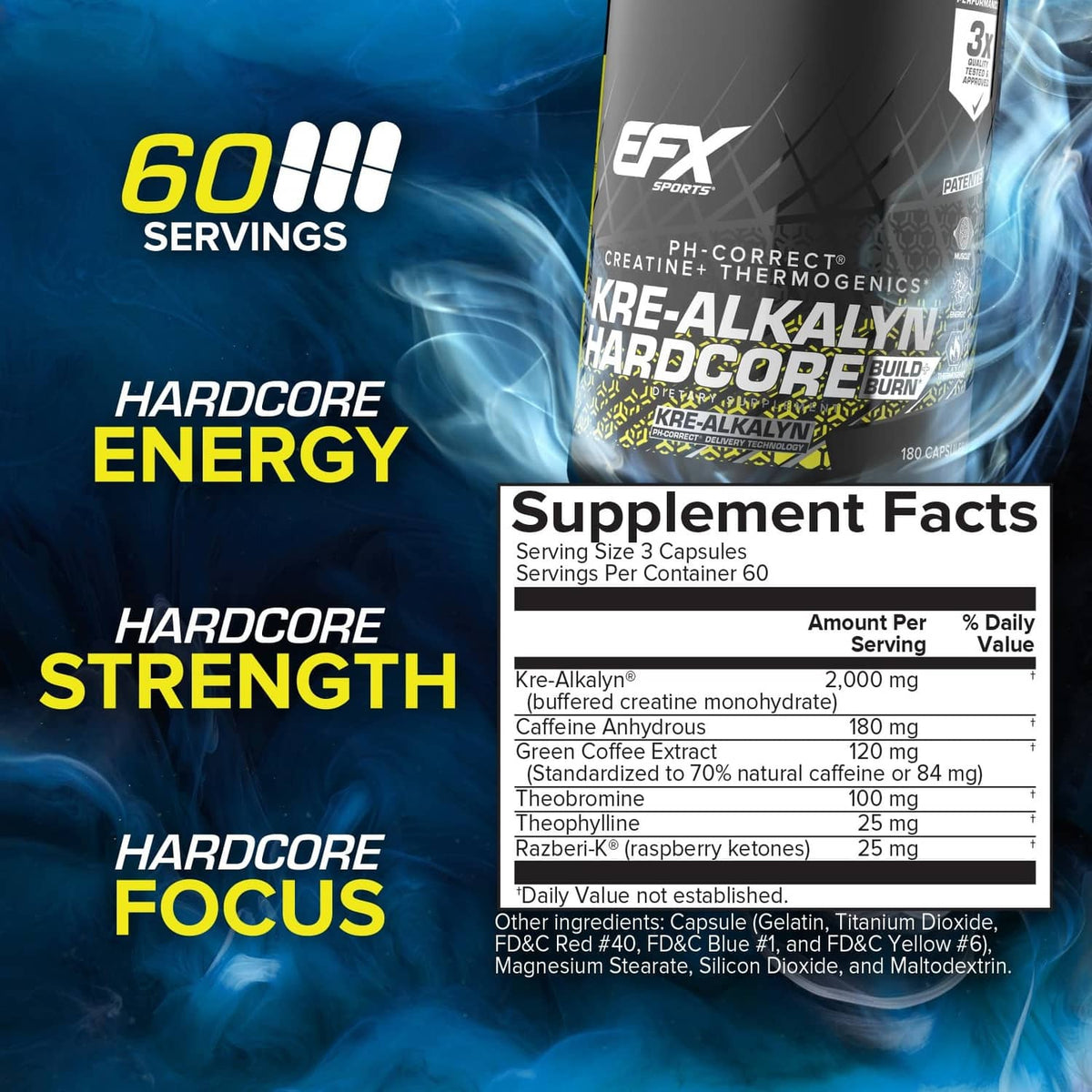Kre-Alkalyn Hardcore supplement bottle with Supplement Facts panel on label