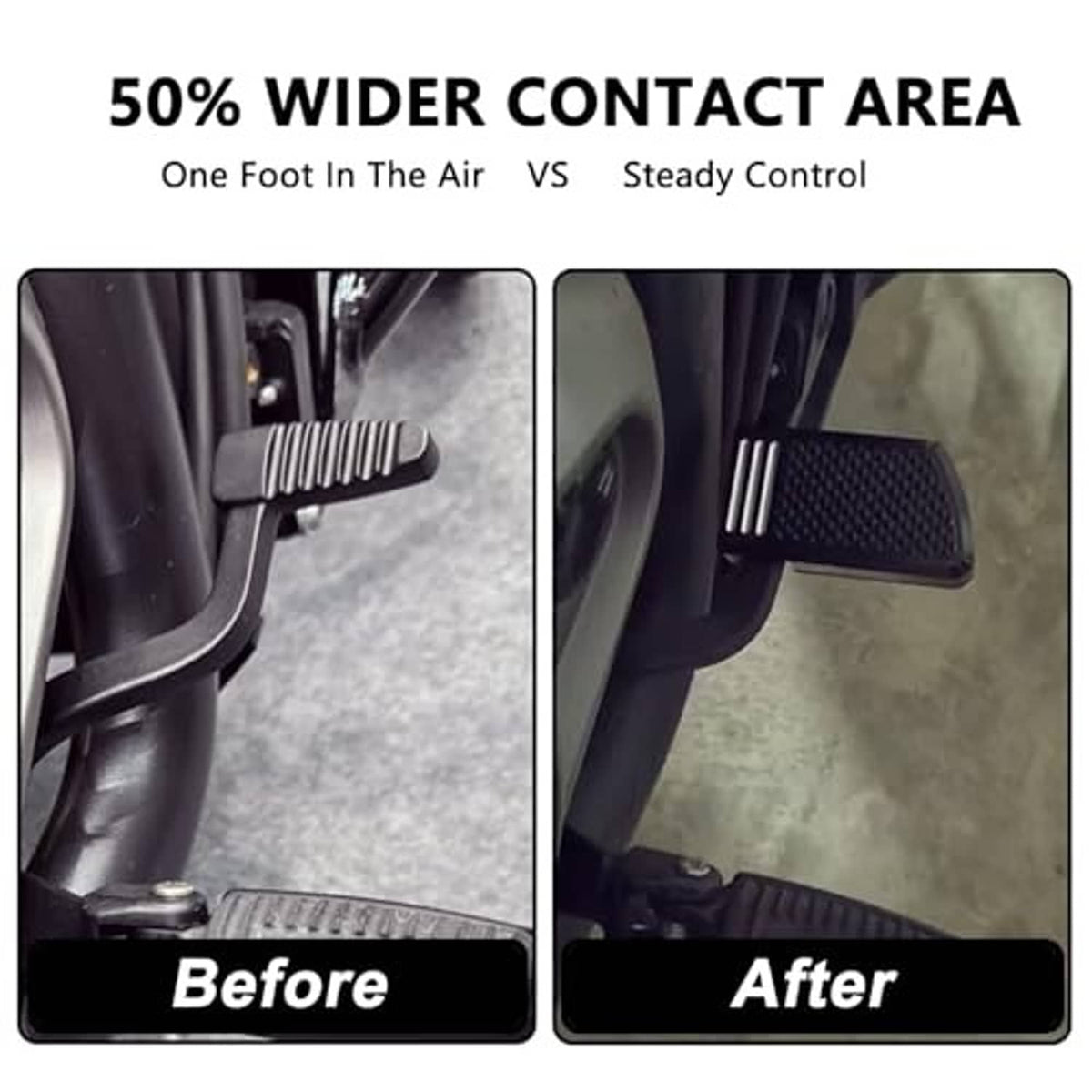 Brake pedal pad shown installed, black textured grip with silver side stripes