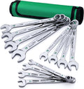 12-piece combination wrench set with green roll pouch, 8–19mm, chrome 12-point heads