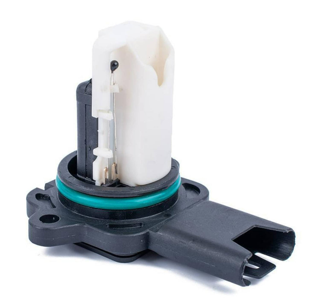 Mass air flow sensor with white plastic cartridge and internal metal contacts, angled view