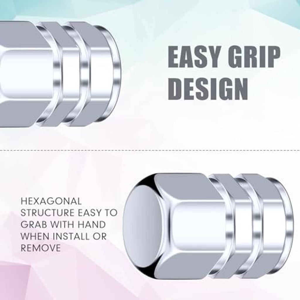 Chrome hex tire valve stem caps with ridged grip rings on outer body