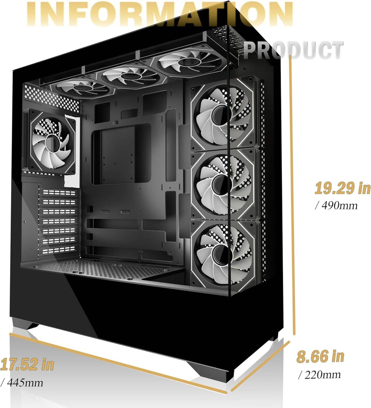 Black mid-tower PC case interior view with multiple fan mounts and expansion slots