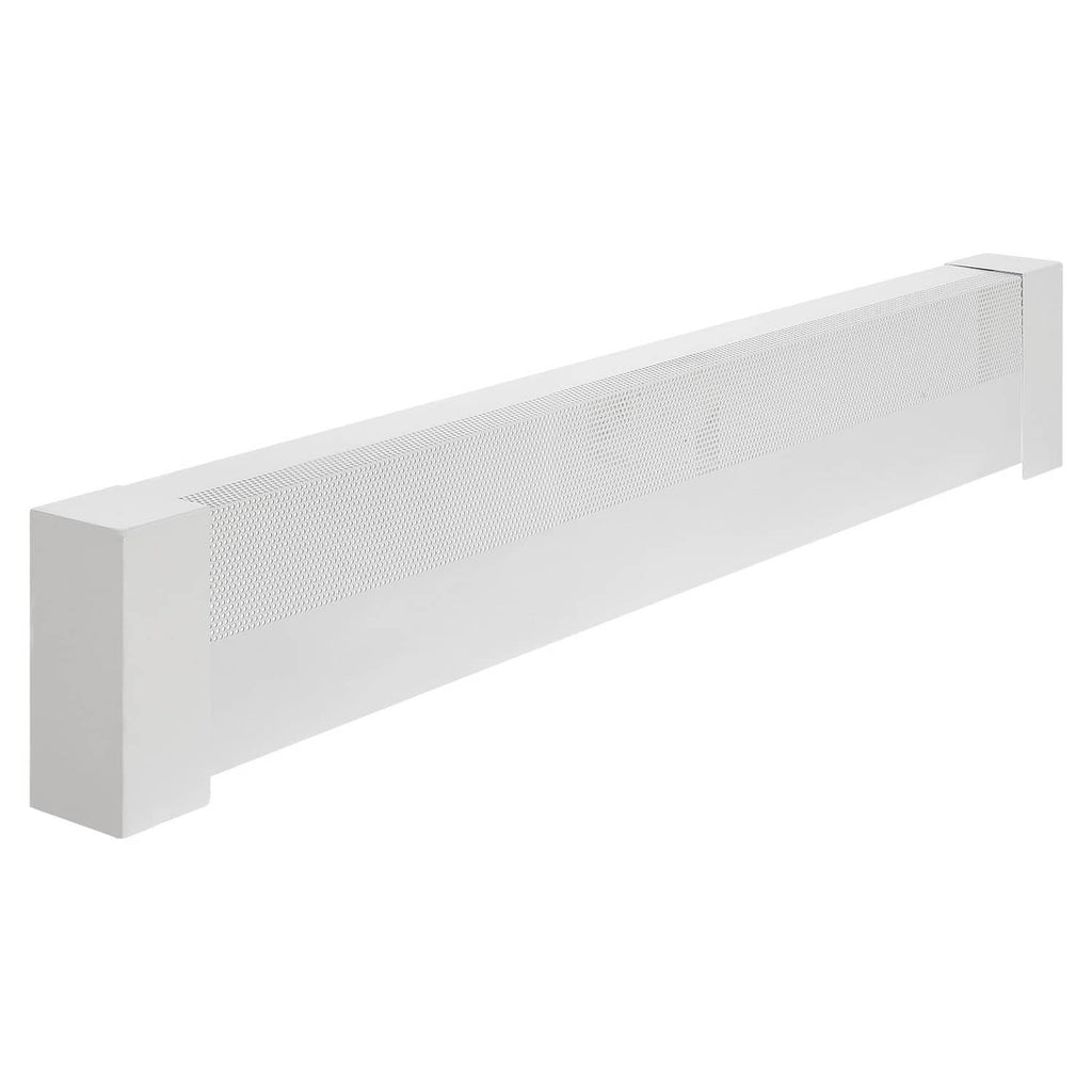 White baseboard heater cover with close-up perforated vent grille and side end caps