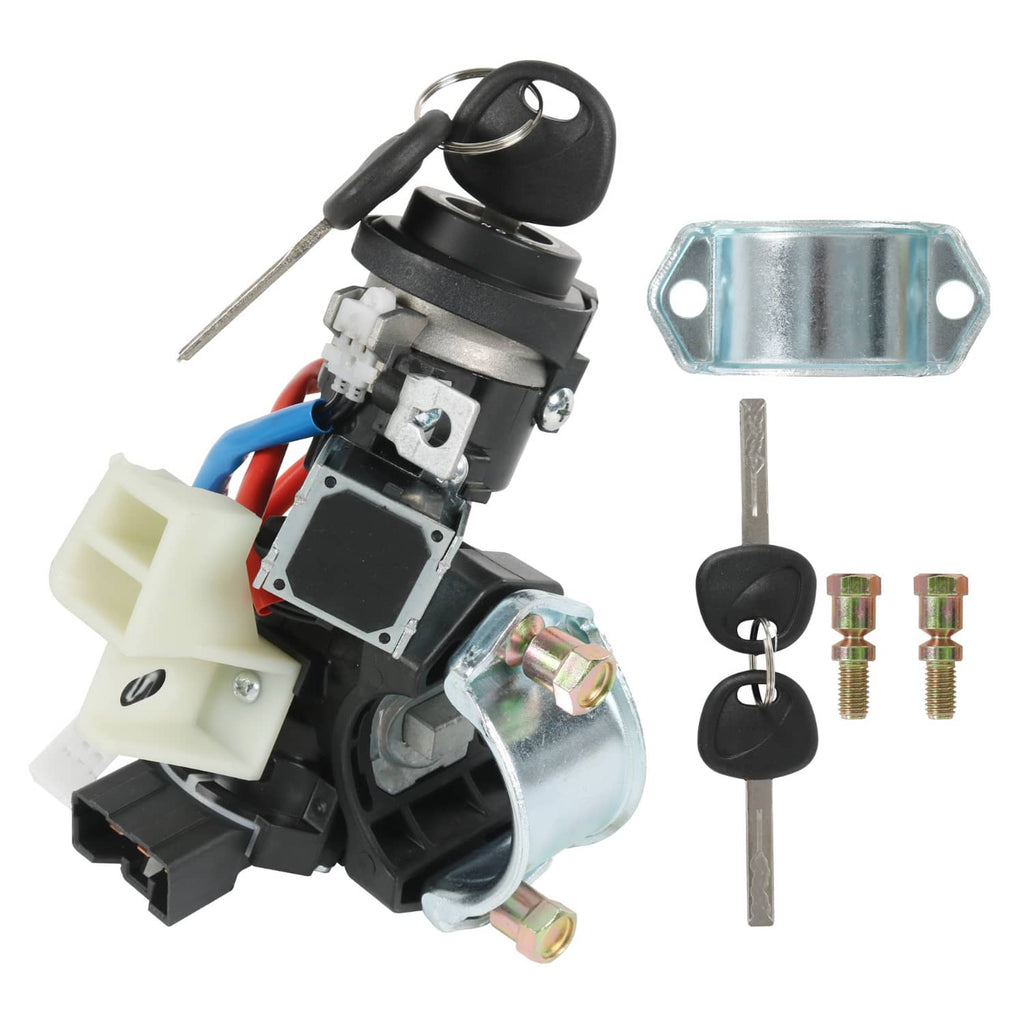 Ignition lock switch assembly with keys, black housing, metal cylinder and mounting bracket