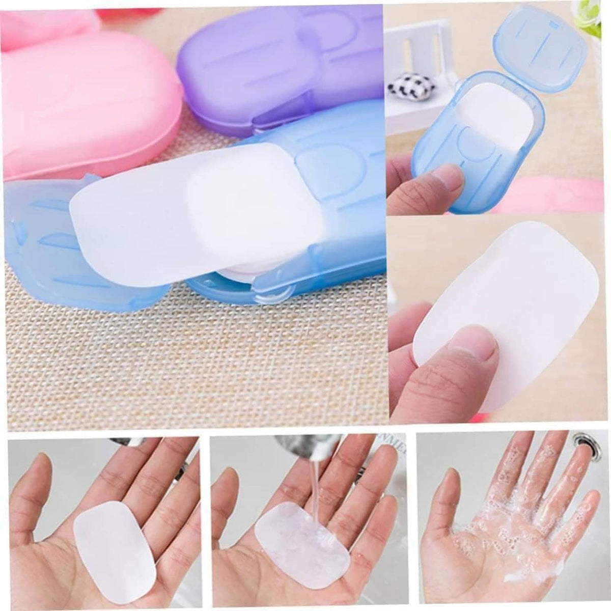 Close-up of a pastel disposable soap sheet peeling from a blue container; hands showing
