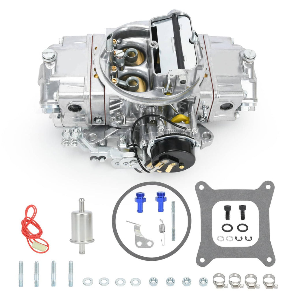 4-barrel double pumper carburetor kit with filter, hoses, and mounting hardware