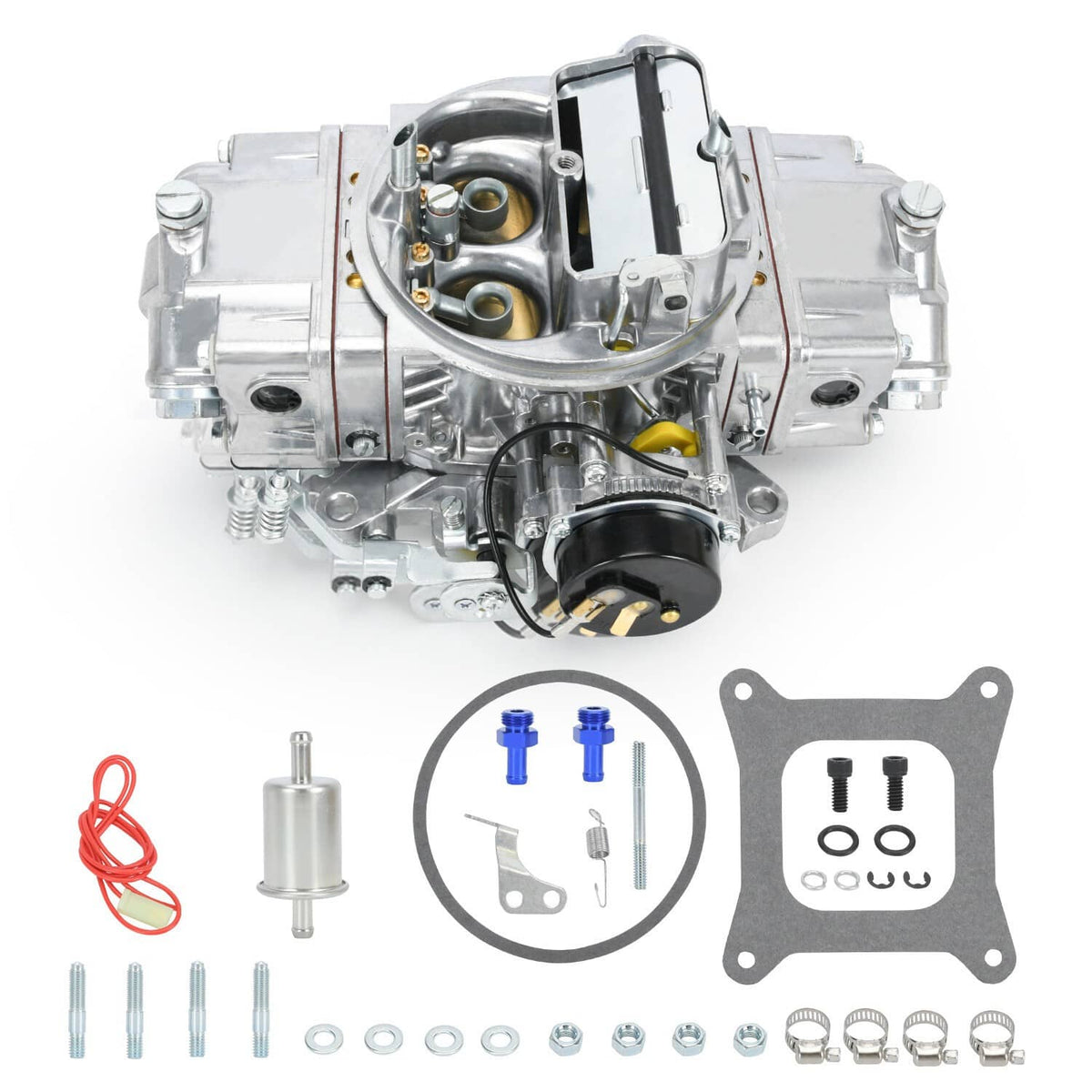 4-barrel double pumper carburetor kit with filter, hoses, and mounting hardware