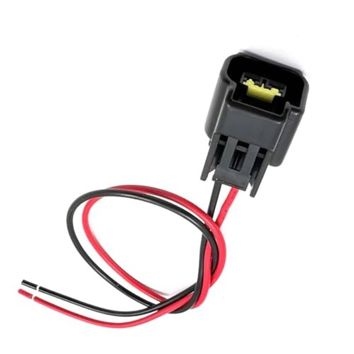 Sensor connector wiring harness with black housing, red/black wires, two terminal leads visible