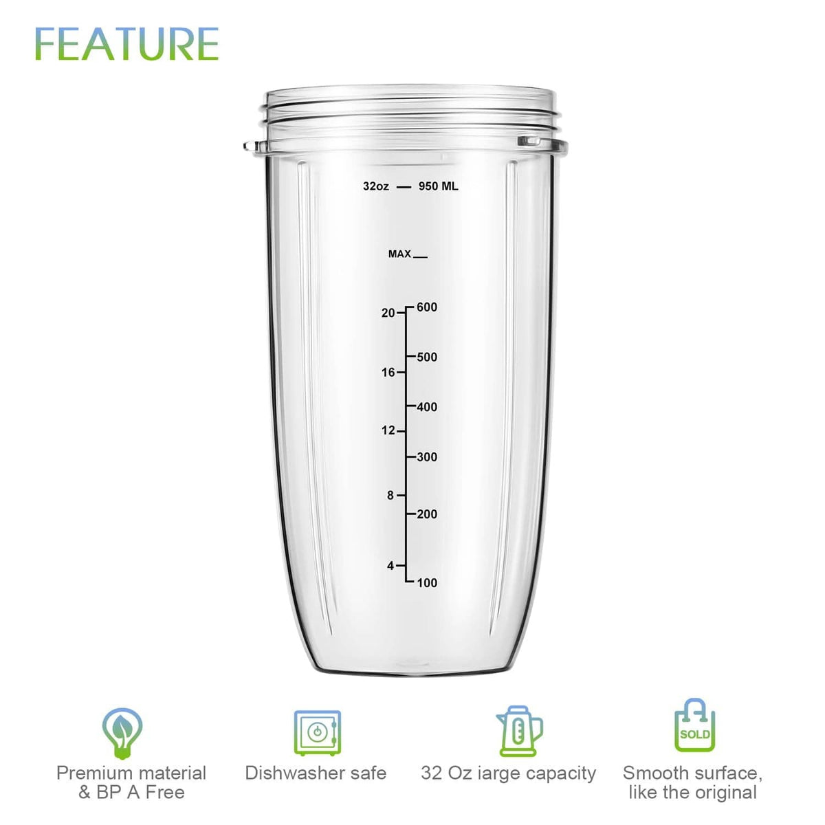Transparent blender replacement cup with measurement markings and screw-top rim