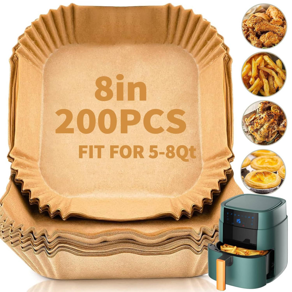 Stack of 8-inch, 200-count nature brown air fryer paper liners, square cup shape