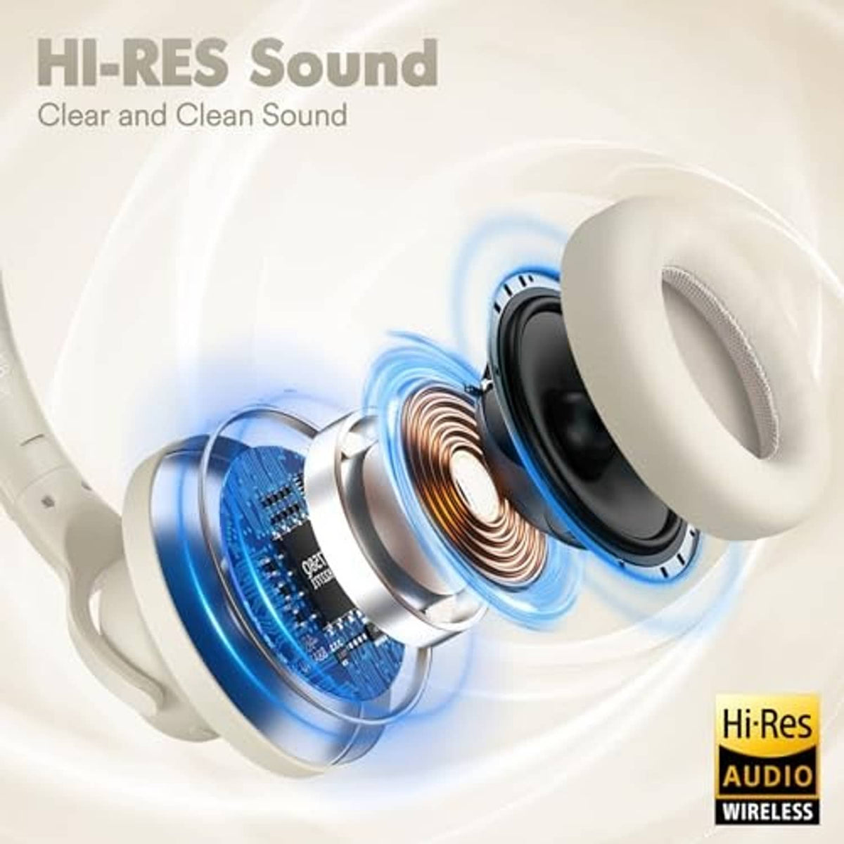 Milky white over-ear headphones with exposed speaker drivers inside the ear cup