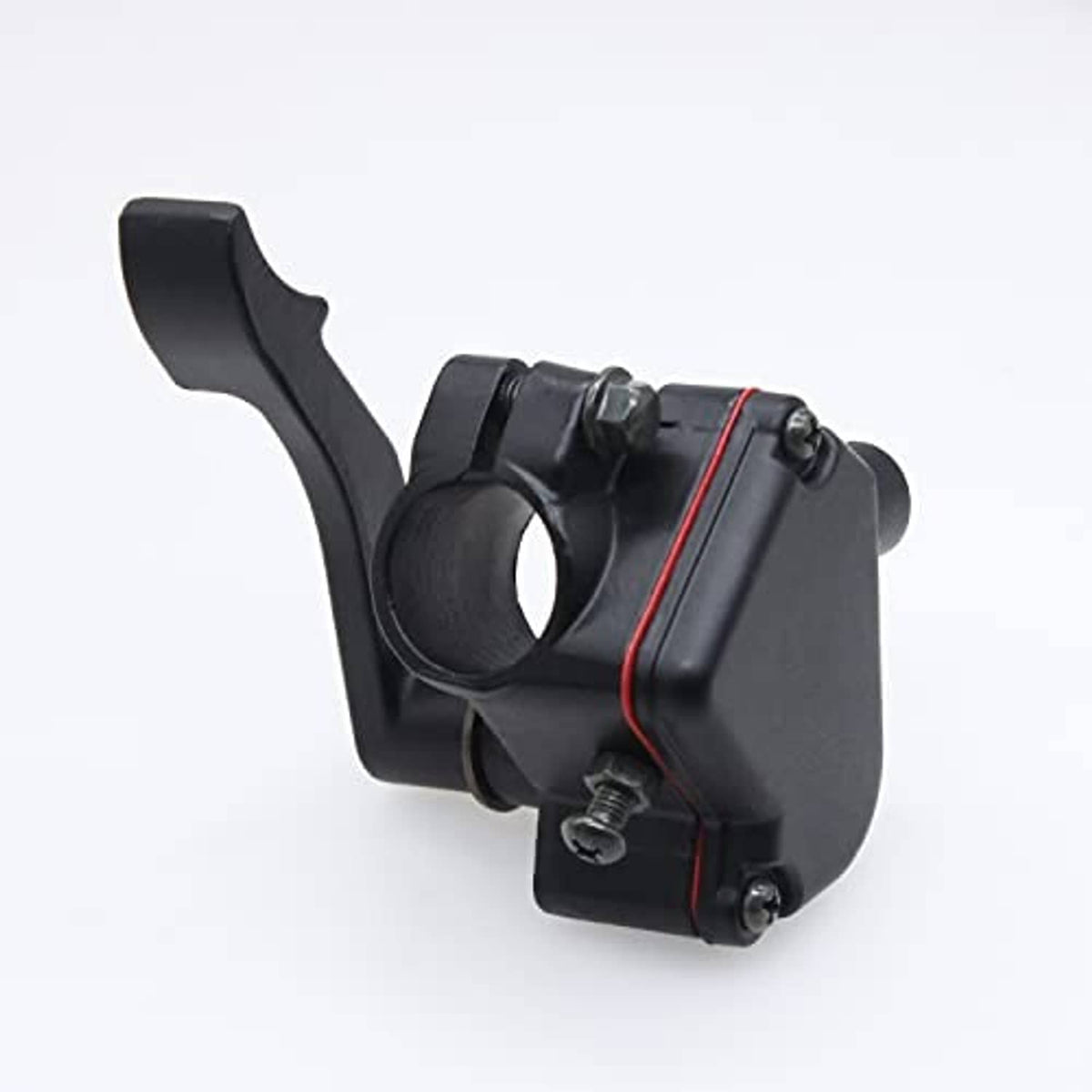 Black throttle lever thumb control handle with fork mount and red edge trim