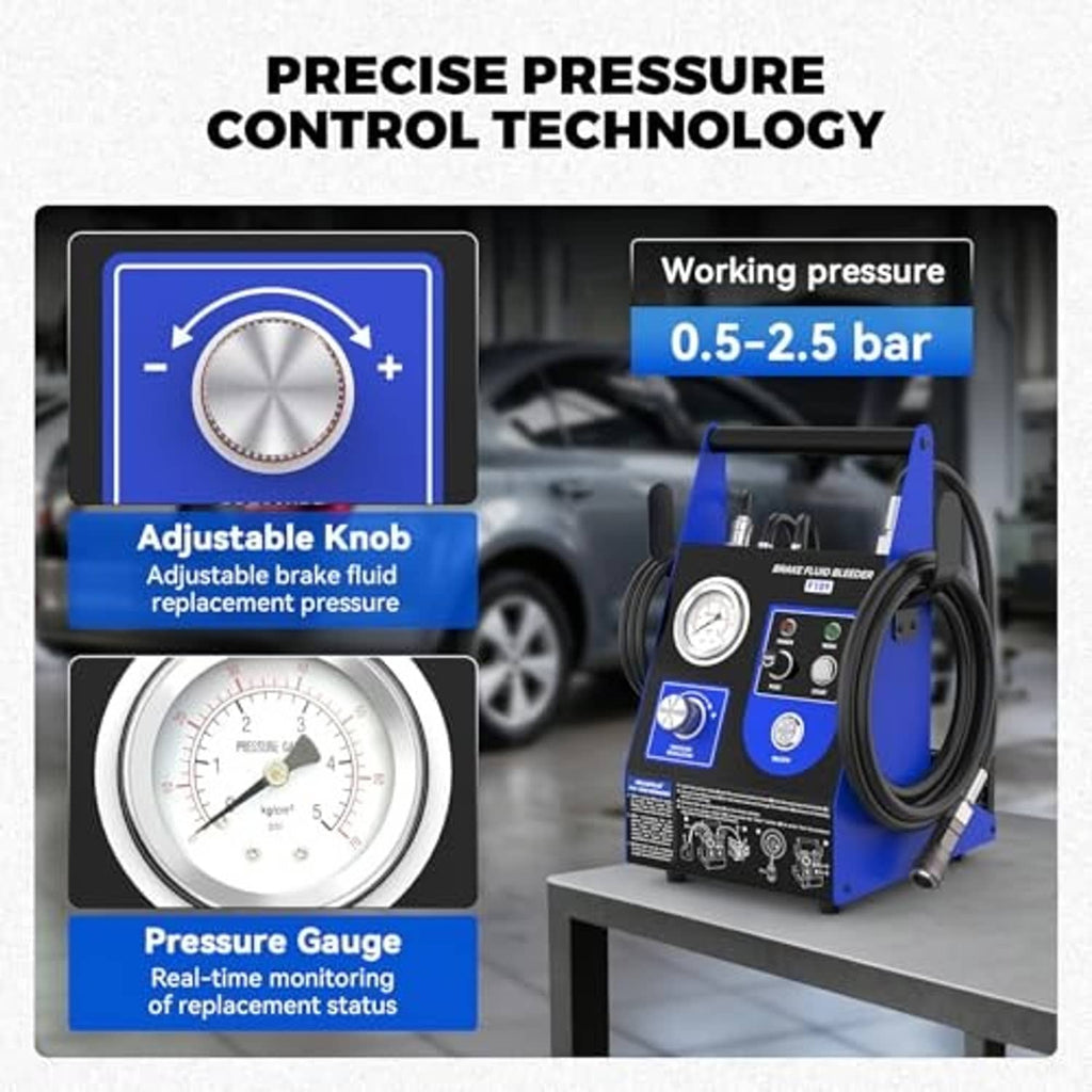 Brake fluid bleeder control panel with adjustable knob and pressure gauge on unit