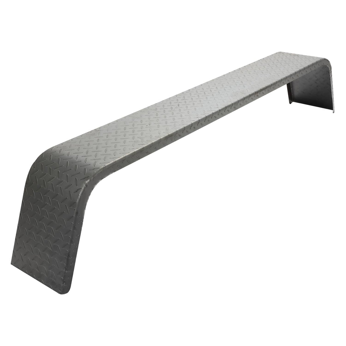 Bent steel diamond tread trailer fender with angled profile and mounting brackets
