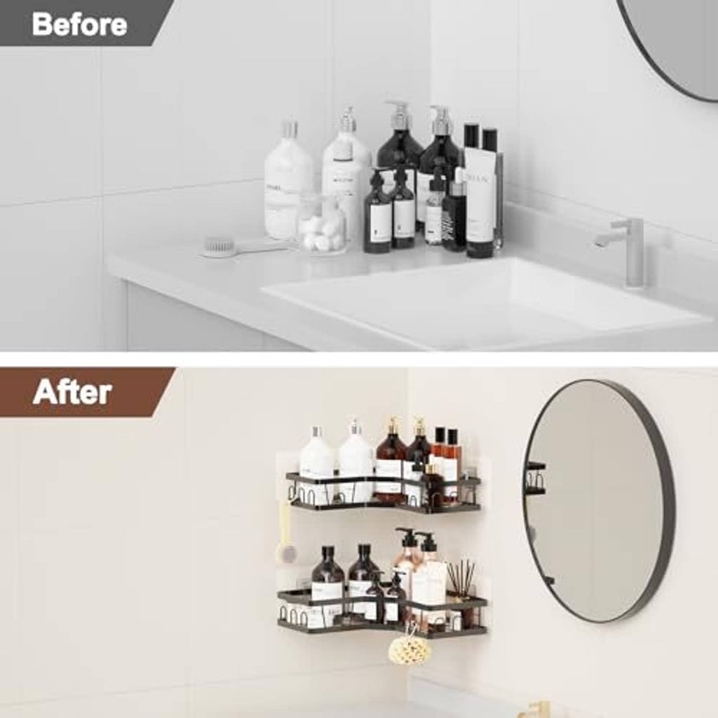Wall-mounted corner shower organizer with two black shelves and hooks for bottles