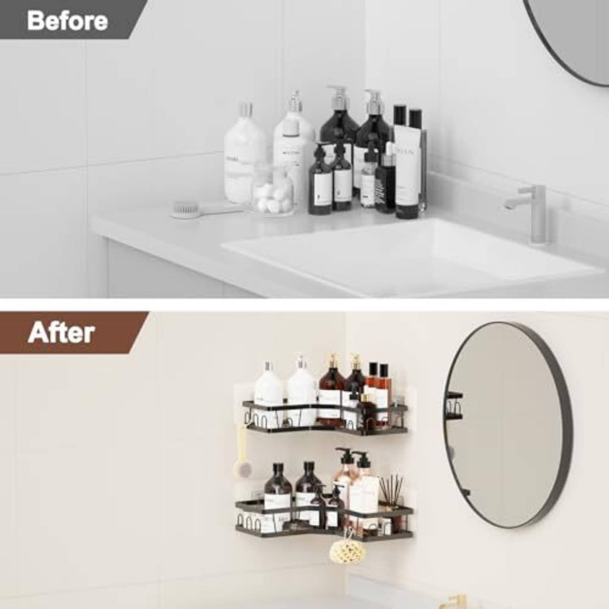Wall-mounted corner shower organizer with two black shelves and hooks for bottles