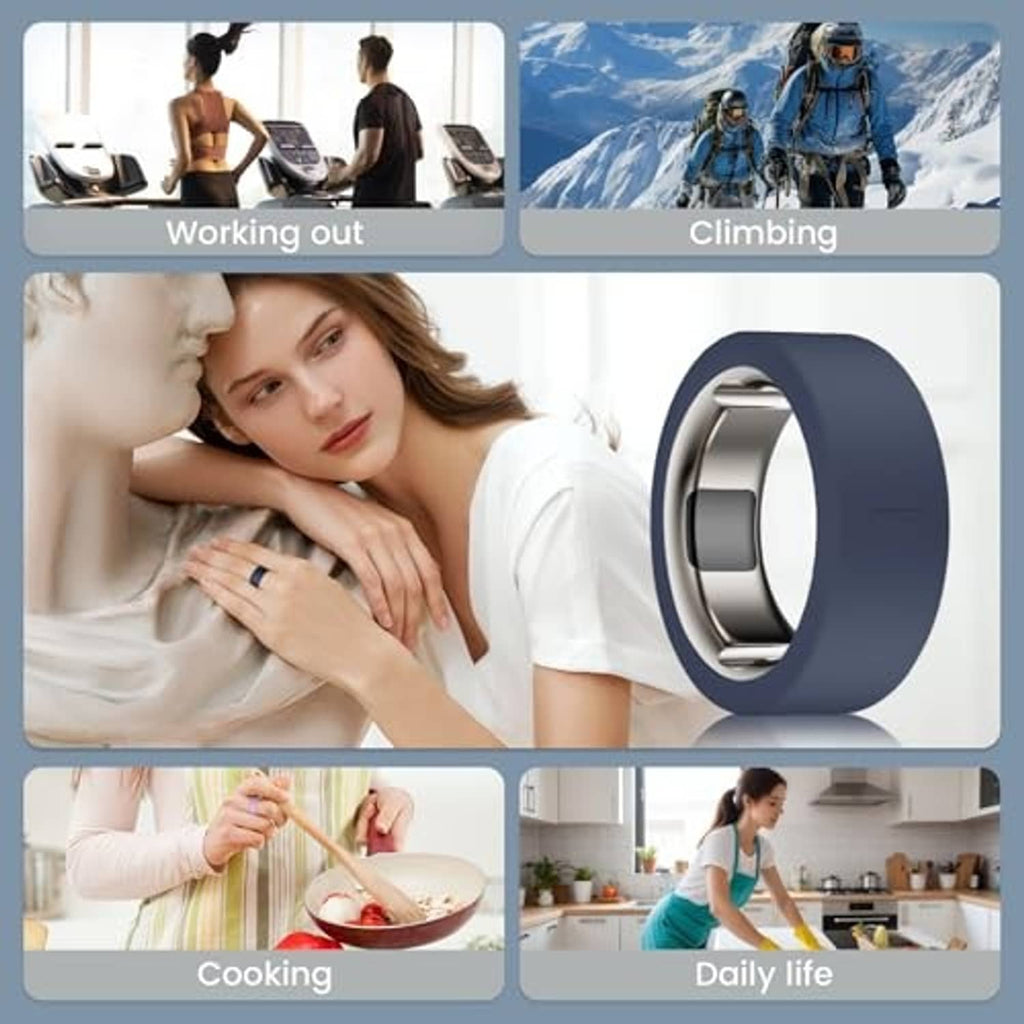 Dark blue silicone ring cover with metal insert shown for daily use