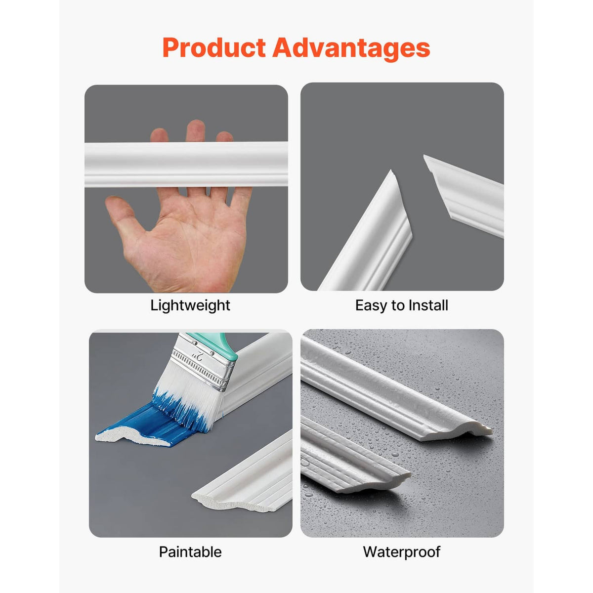 White wall molding accent trim pieces showing lightweight, easy-install design