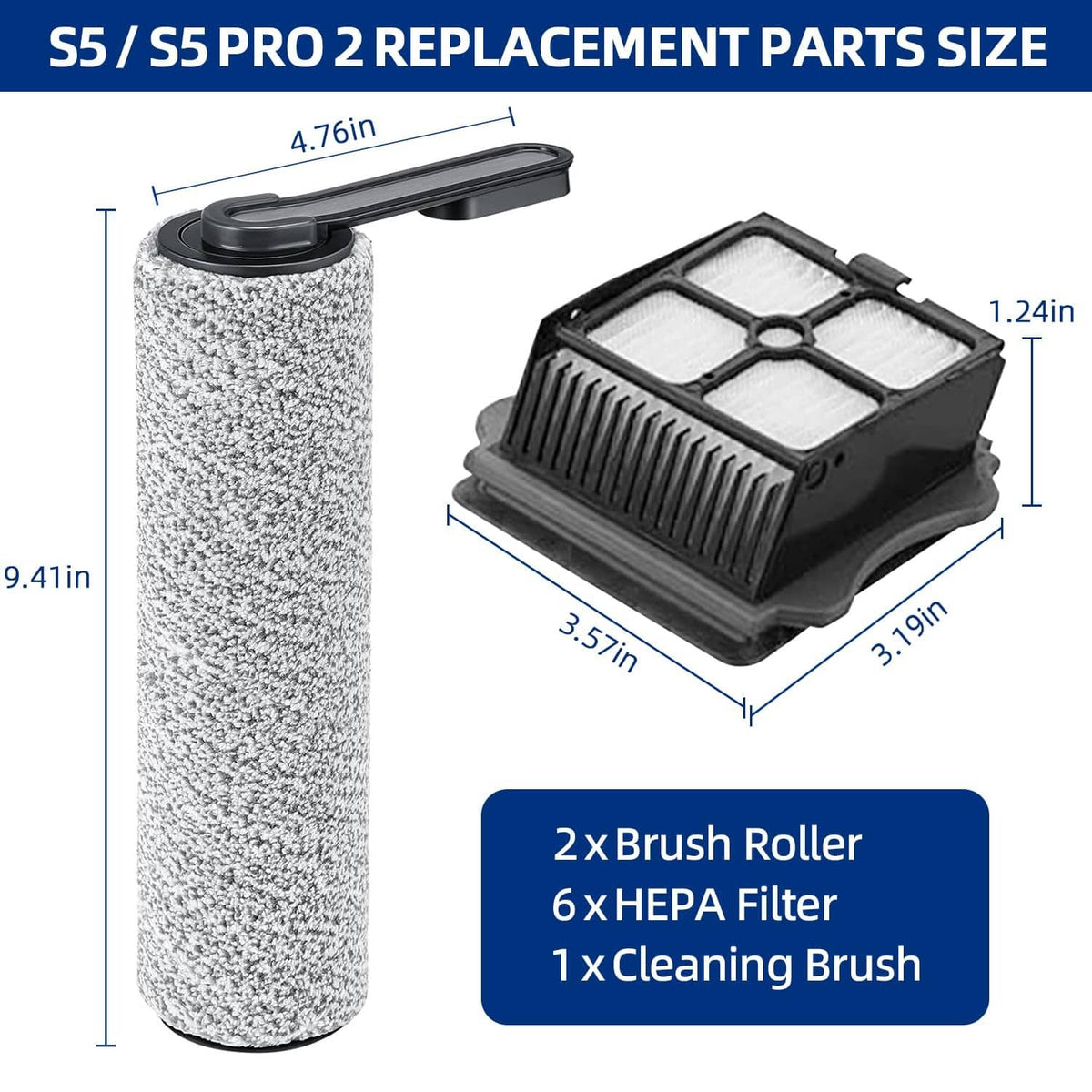 Brush roller and HEPA filter replacement set with cleaning brush, shown with size diagram