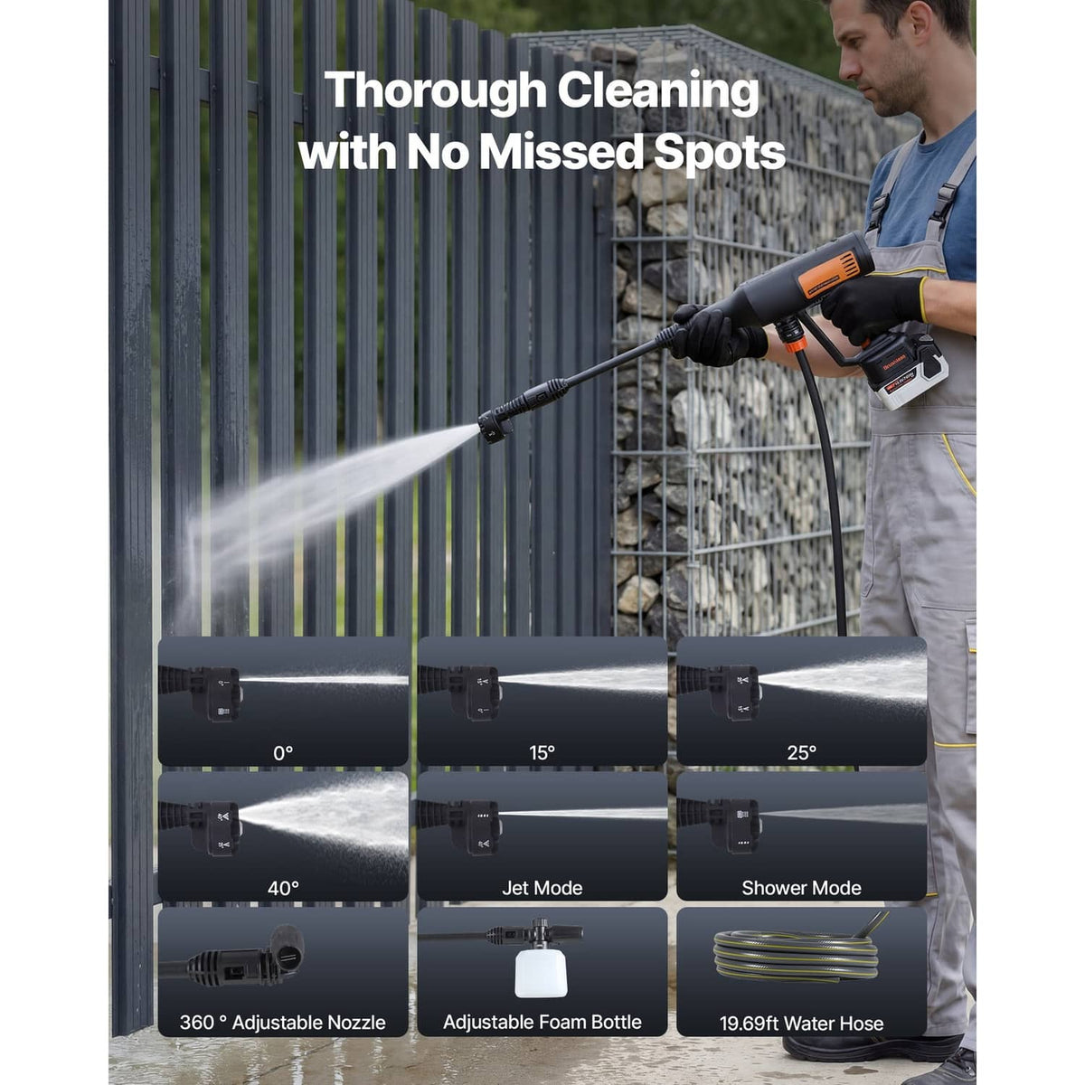 Cordless pressure washer with adjustable nozzle head and foam bottle attachment
