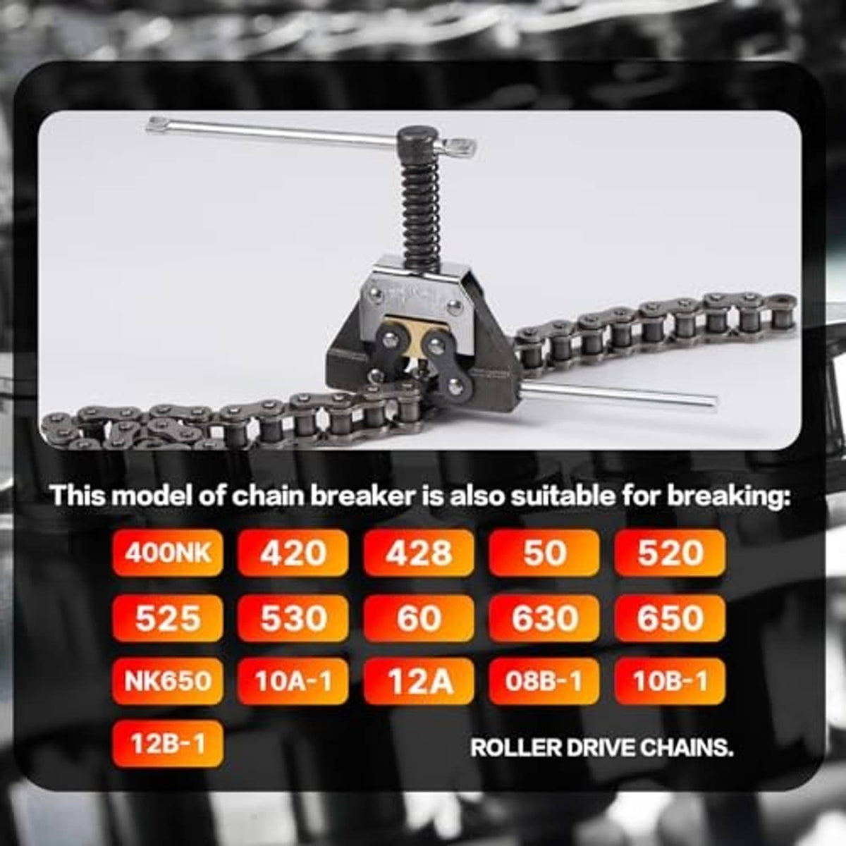 Roller chain breaker tool with clamp head and long screw rod