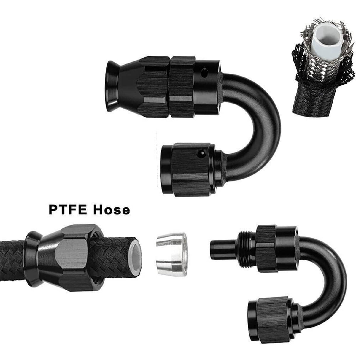 PTFE braided fuel hose with black connector fittings and end caps